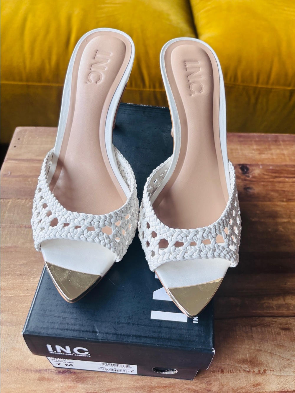 INC International Concepts White Braided Slip-On Mules with Gold Toe
